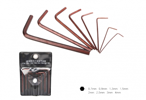 8pc S2 Steel Metric Mini Hex Key Wrench Set: 0.7, 0.9, 1.3, 1.5, 2, 2.5, 3, 4mm